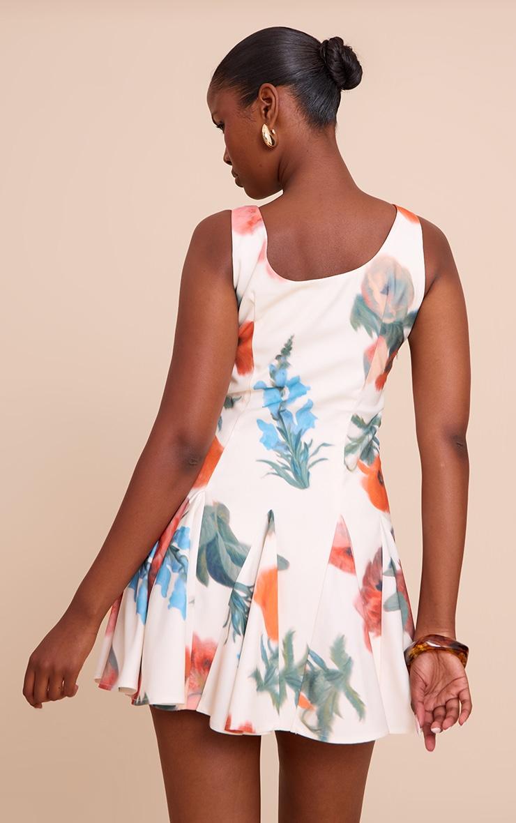 Cream Floral Printed Woven Godet Detail Shift Dress Product Image