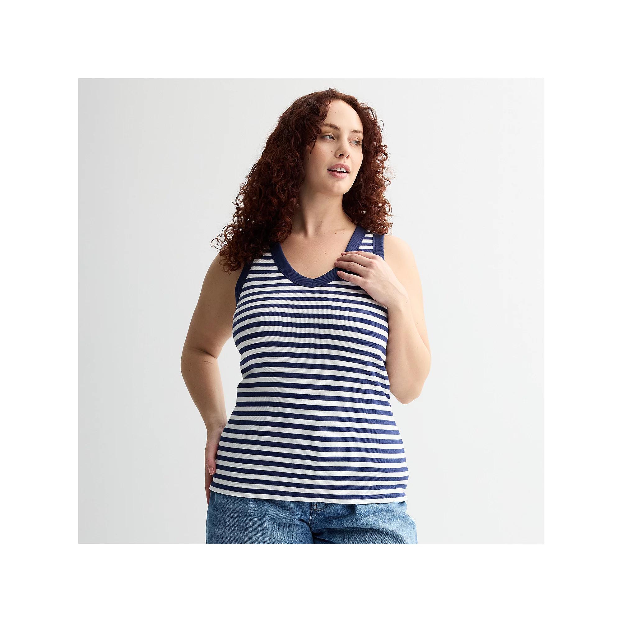 Plus Size Sonoma Goods For Life® Ribbed V-Neck Tank Top, Women's, Size: 4XL, White Navy Stripe Product Image