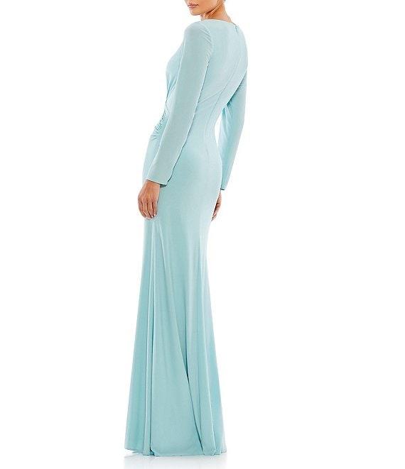 Mac Duggal Long Sleeve Surplice V-Neck Column Faux Wrap Gown Product Image