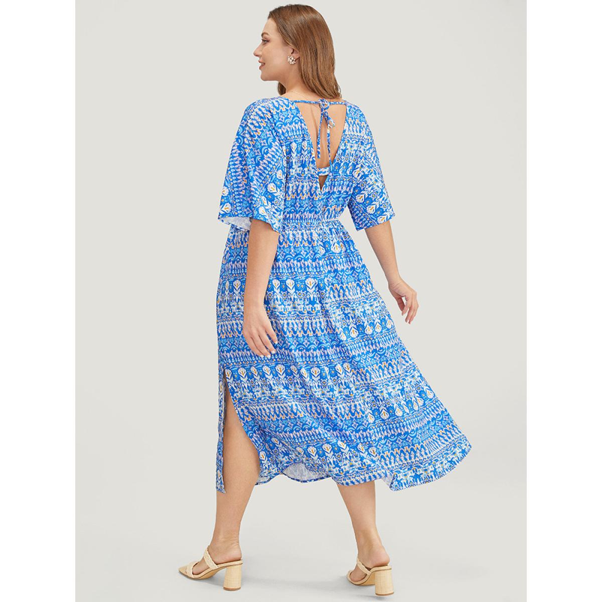 Plus Size Bandana Print Dolman Sleeve Knot Fringe Trim Split Dress Blue Women Vacation Tassels V-neck Short sleeve Curvy Midi Dress BloomChic 26/4X Product Image