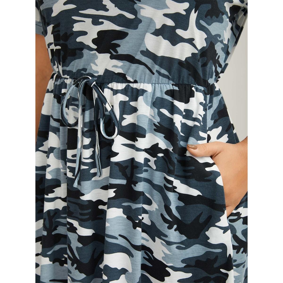 Plus Size Camouflage Print Round Neck Pockets Midi Dress Stone Women Casual Tie knot Knit Dresses Bloomchic 10/M Product Image