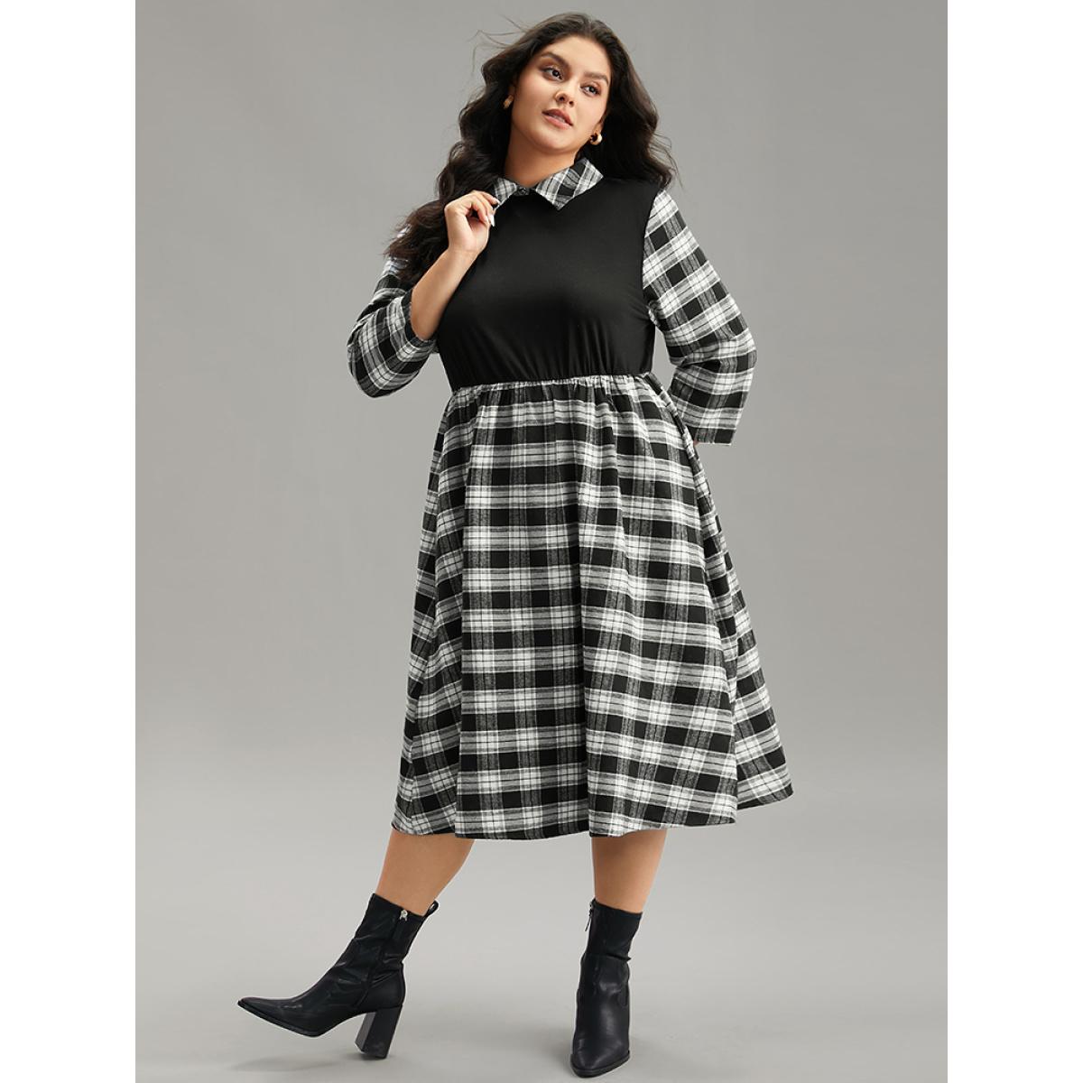Plus Size Plaid Patchwork Elastic Waist Lapel Collar Dress Black Women Casual Printed Lapel Collar Elbow-length sleeve Curvy Midi Dress BloomChic 18-20/2X Product Image