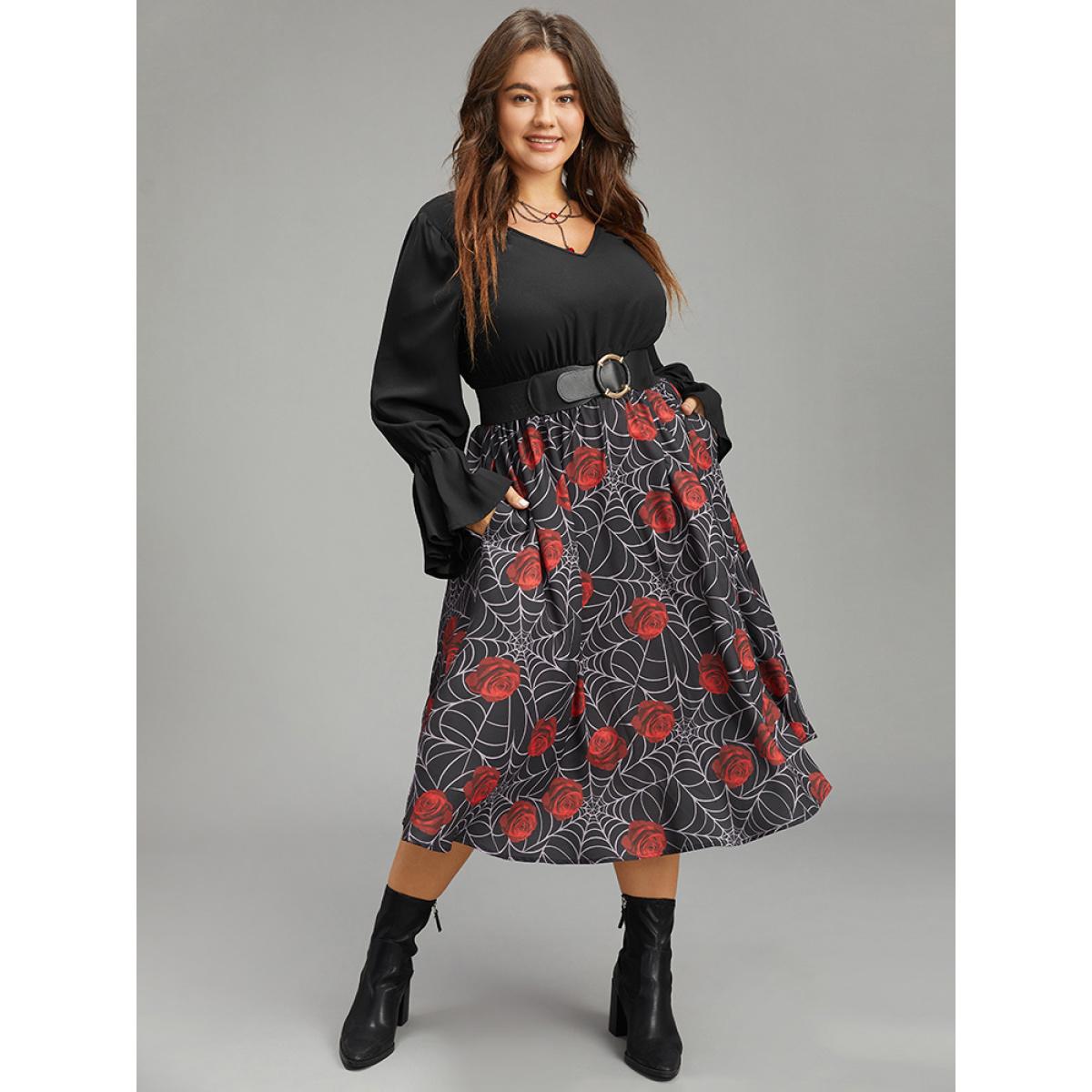 Plus Size Halloween Rose Ruffles Shirred Elastic Waist Dress Black Women Casual Printed V-neck Long Sleeve Curvy Midi Dress BloomChic 28/5X Product Image