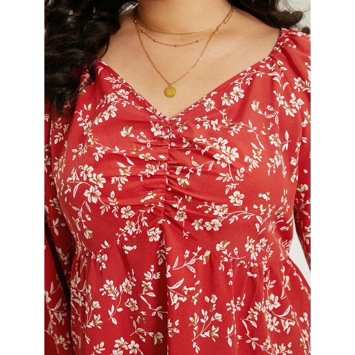 Plus Size Rust Floral Print Ruched Lantern Sleeve Blouse Women Elegant Long Sleeve V-neck Dailywear Blouses BloomChic 14-16/1X Product Image
