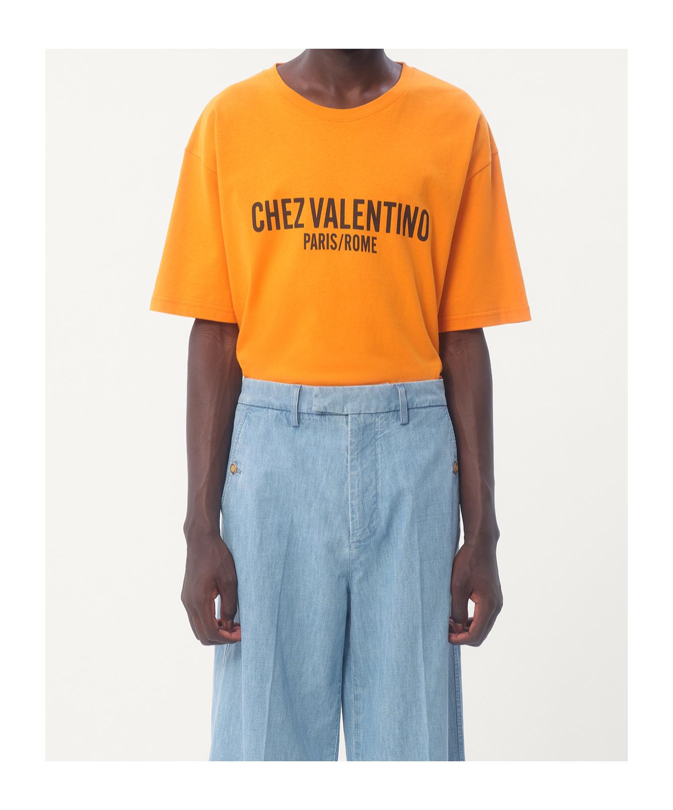 VALENTINO Cotton T-shirt With Chez Print In Orange Product Image