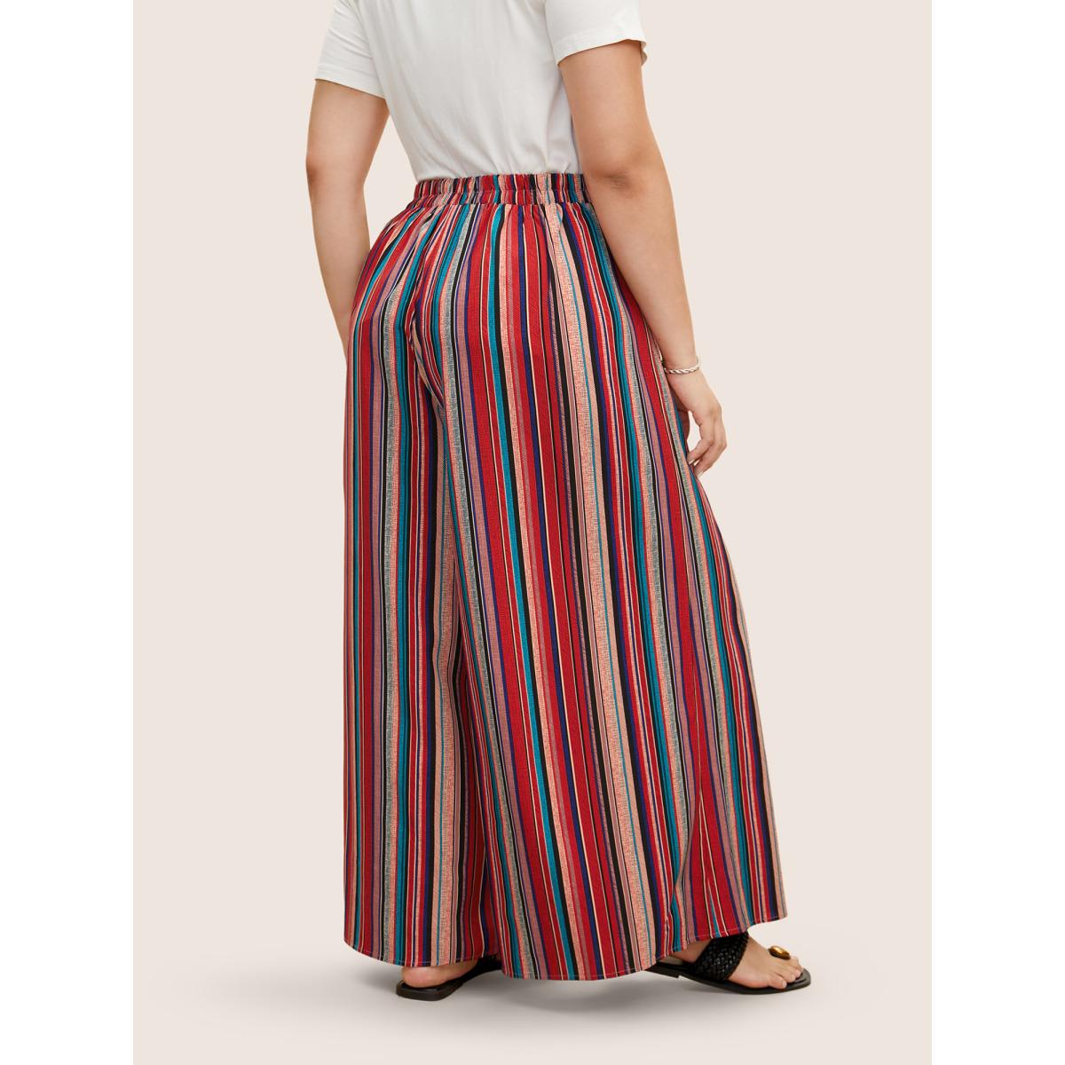 Plus Size Contrast Striped Tie Knot Wide Leg Pants Women Multicolor Casual Wide Leg Mid Rise Everyday Pants BloomChic 22-24/3X Product Image