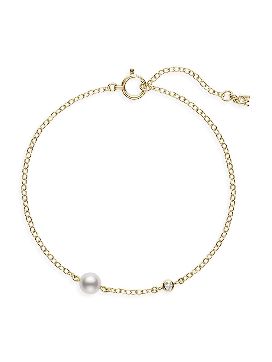 Womens 18K Yellow Gold, 0.02 TCW Diamond & Cultured Akoya Pearl Station Bracelet Product Image