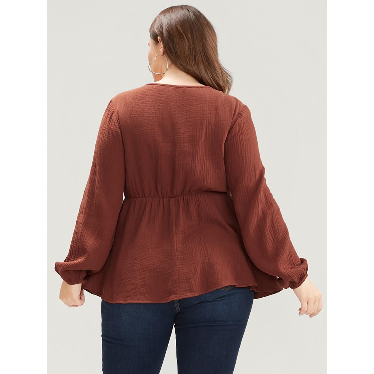 Plus Size Scarlet Solid V Neck Lantern Sleeve Shirred Ruffle Hem Blouse Women Elegant Long Sleeve V-neck Dailywear Blouses BloomChic 12/L Product Image