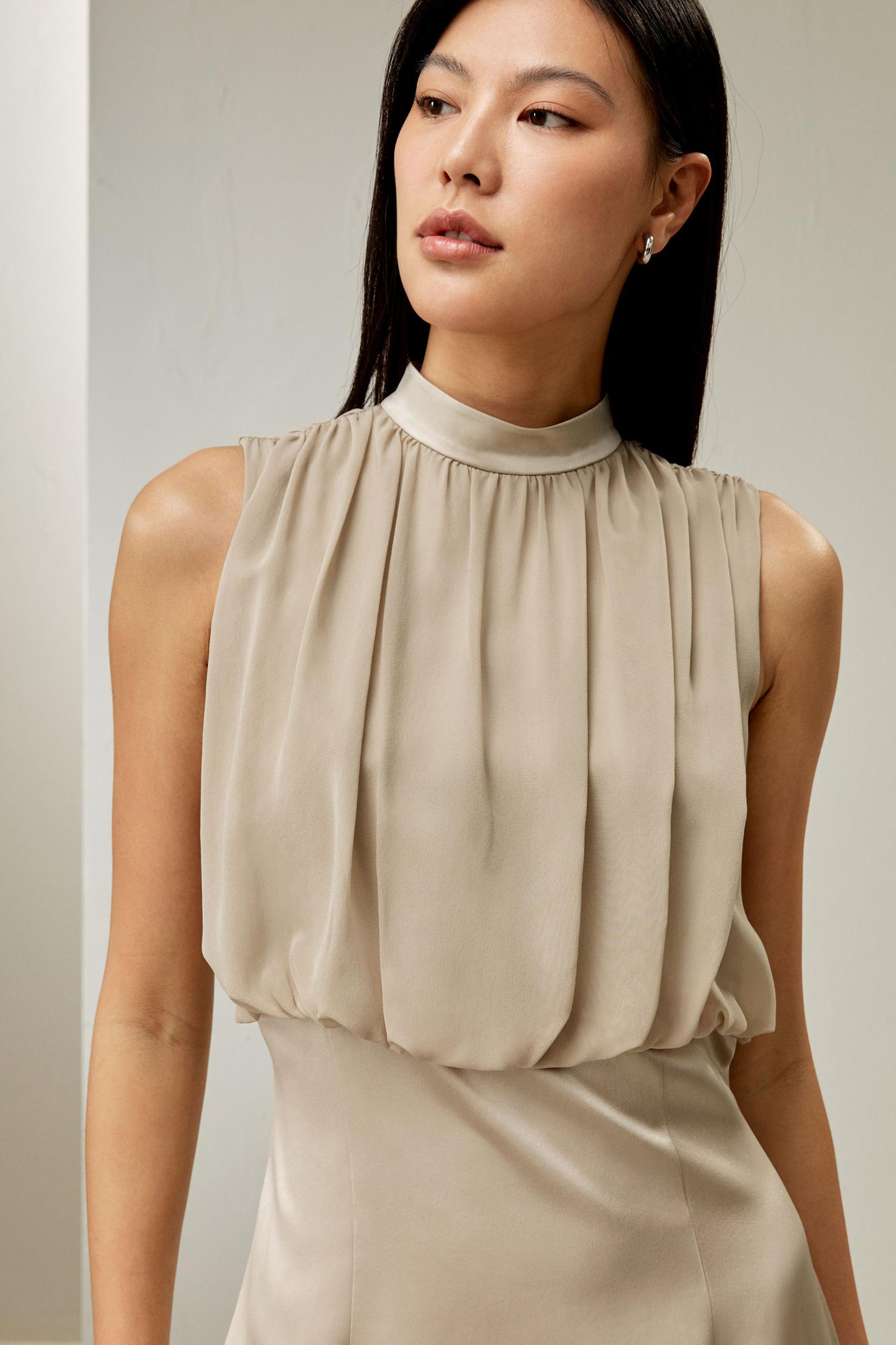 Pleated Sleeveless Midi Silk Dress Product Image