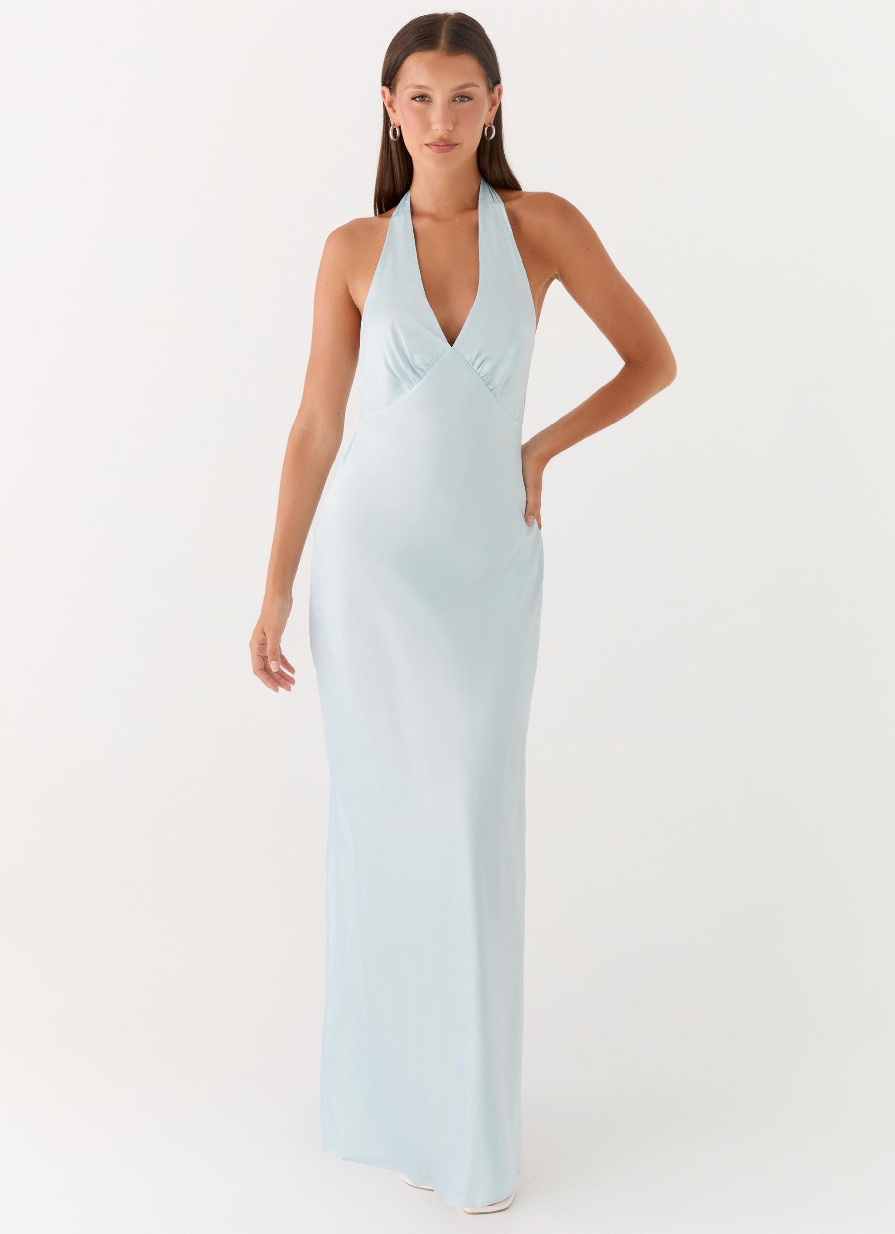 Heavy Hearted Satin Maxi Dress - Ice Blue Product Image