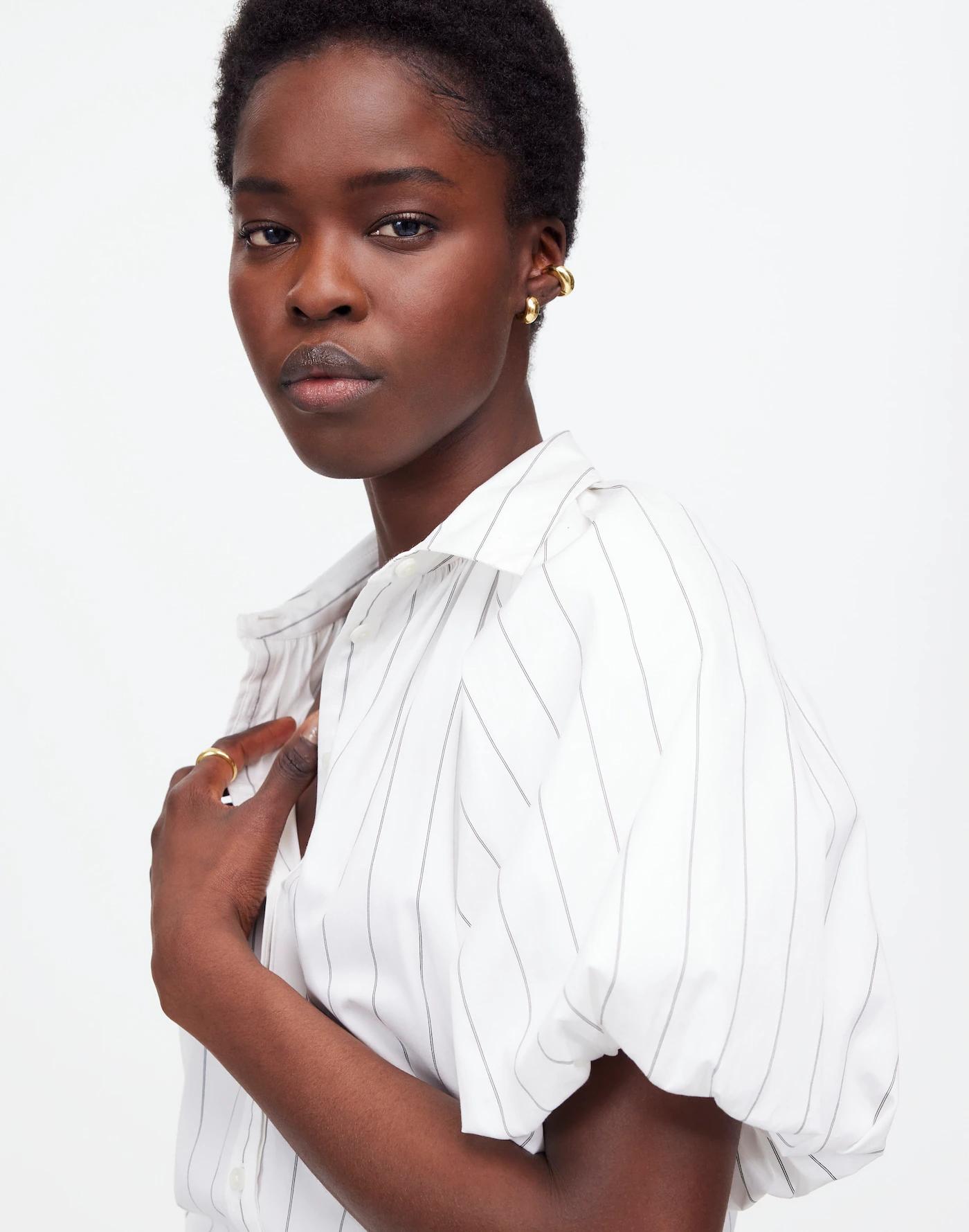 Shirred Bubble-Sleeve Button-Up Shirt Product Image