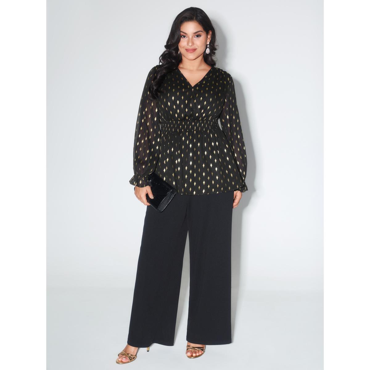 Plus Size Black Chiffon Gold Stamp Shirred Waist Blouse Women Formal Extra Long Sleeve Overlap Collar Party Blouses BloomChic 22-24/3X Product Image