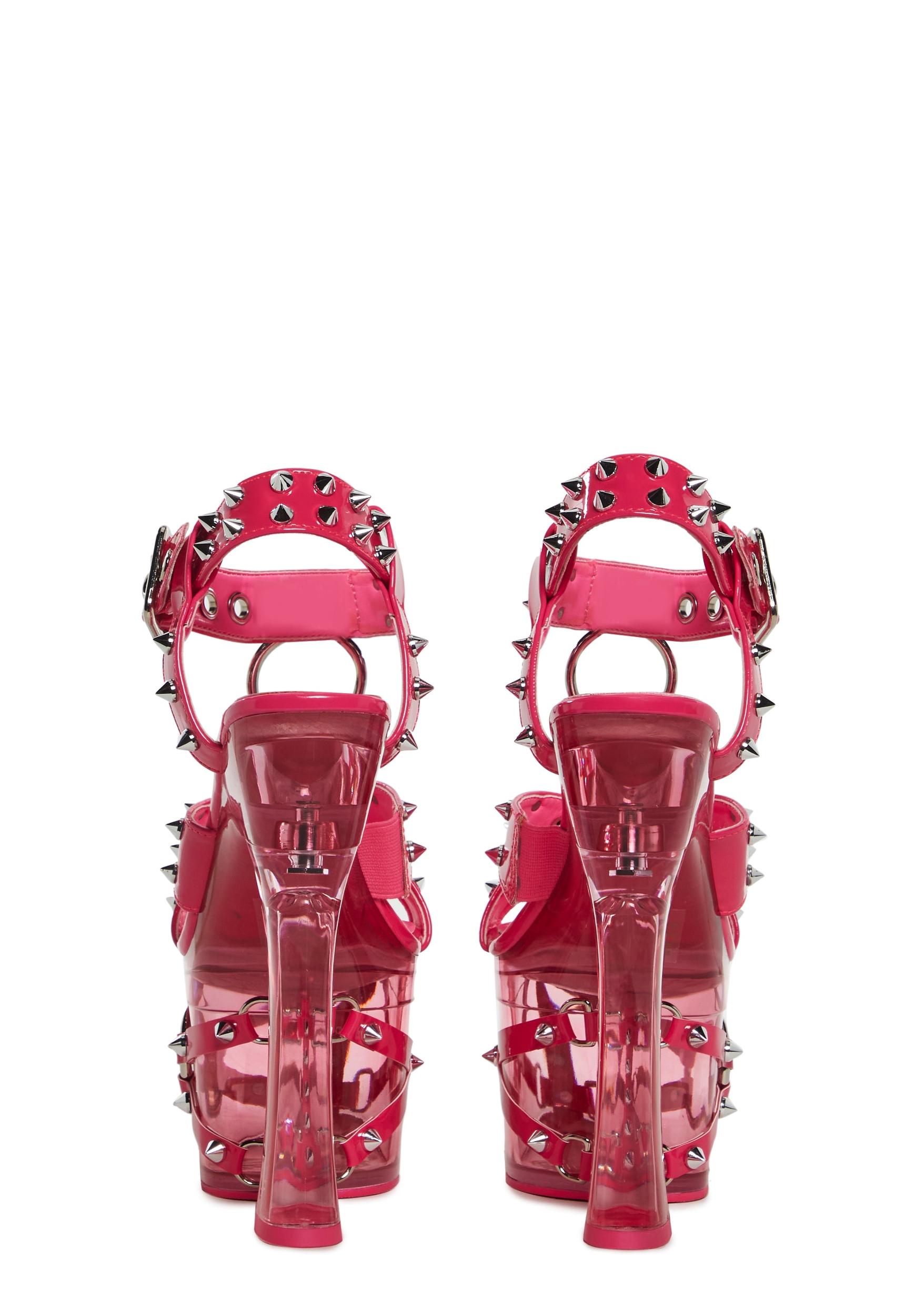 Spike Stud Patent Vegan Leather Clear Lucite Peeptoe Platform Heels Widow - Pink Product Image