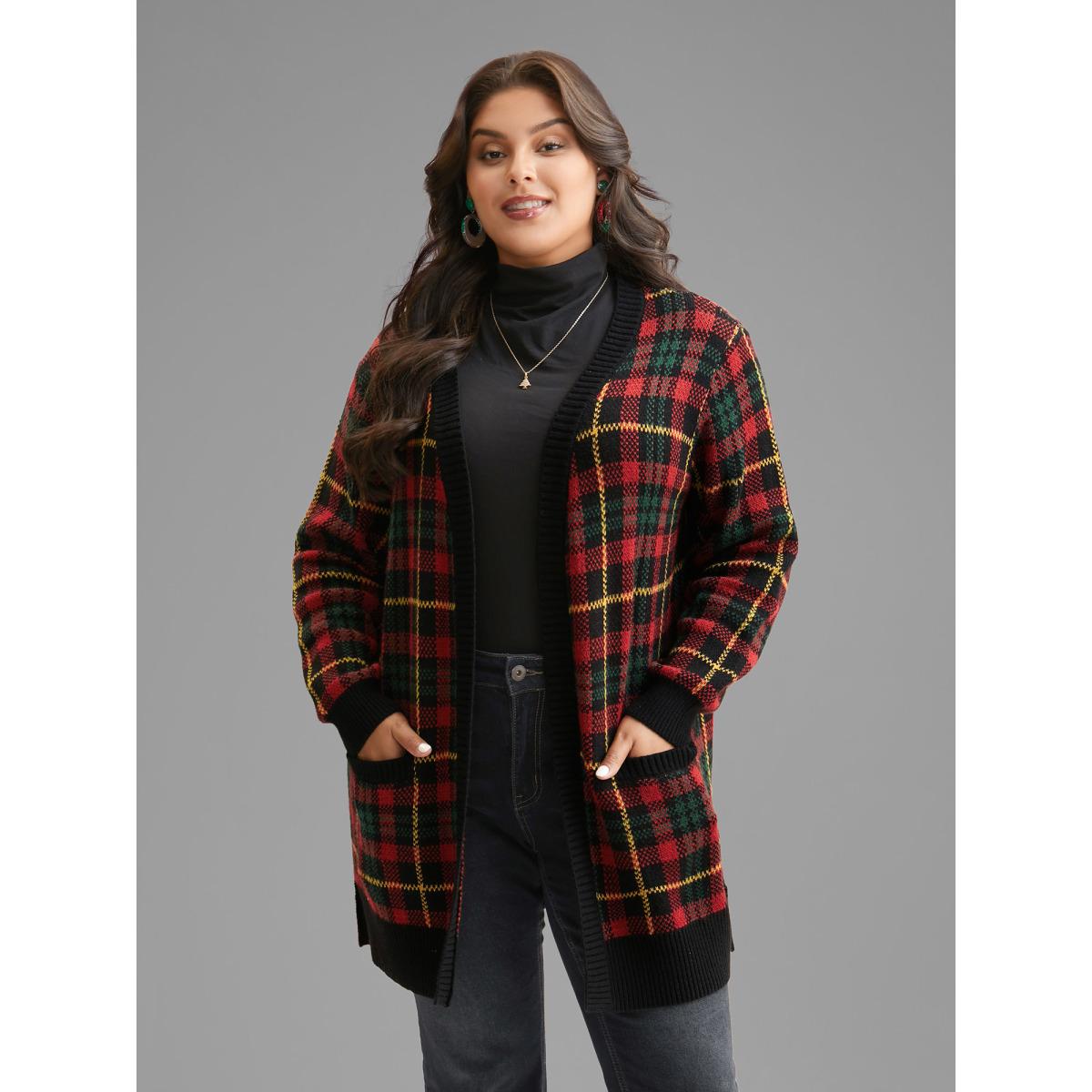 Plus Size Holiday Plaid V-neck Open Cardigan Black Women Casual Loose Long Sleeve Everyday Cardigans BloomChic 18-20/2X Product Image
