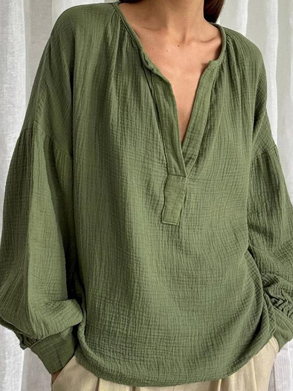 Loose Puff Sleeves Pleated Solid Color Split-Joint V-Neck Blouses&Shirts Tops Product Image