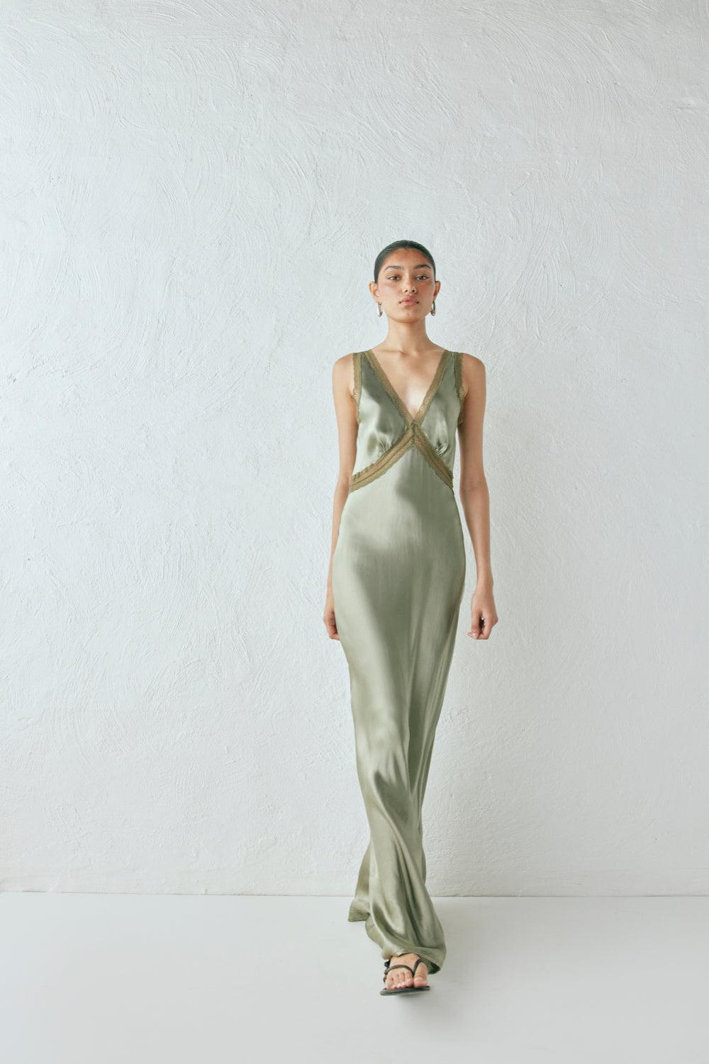 Meet Me On The Dance Floor Bias Cut Maxi Dress Olive Product Image