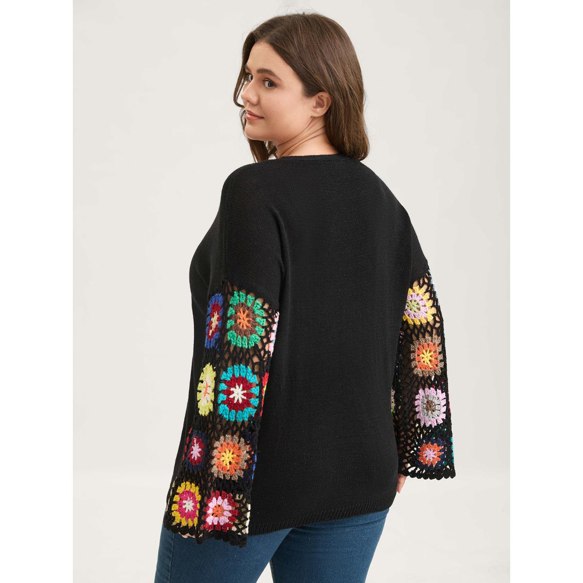 Plus Size Crochet Floral Tie Cut-Out Cardigan Black Women Playful Loose Long Sleeve Casual Cardigans BloomChic 18-20/2X Product Image