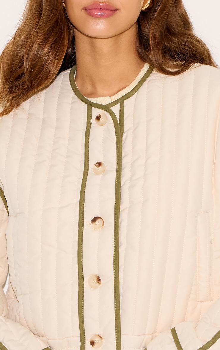  Cream Button Up Round Neck Quilted Jacket Product Image