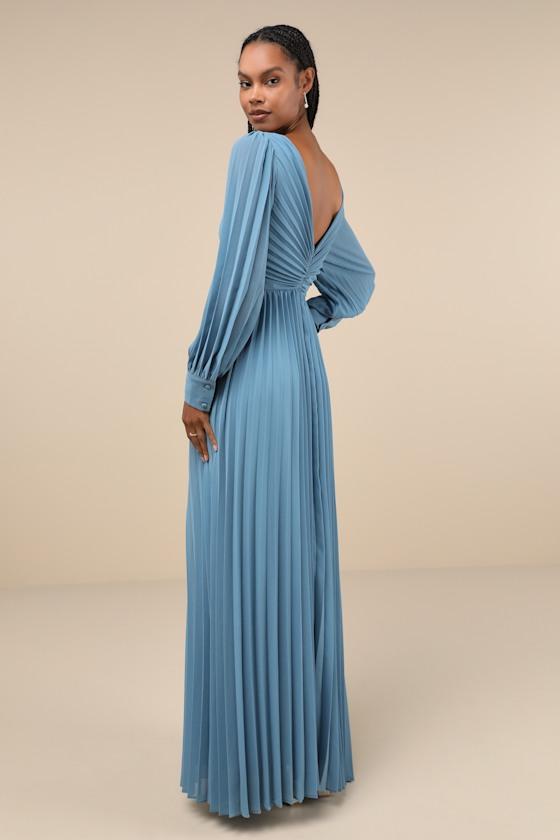 Sophisticated Grace Slate Blue Pleated Long Sleeve Maxi Dress Product Image