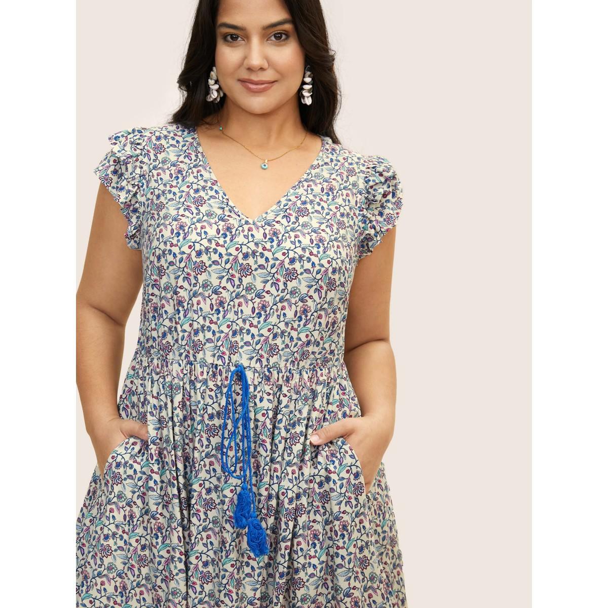 Plus Size Paisley Print Tiered Ruffles Pocket Dress Bluepurple Women Resort Cross straps V-neck Cap Sleeve Curvy BloomChic 12/L Product Image