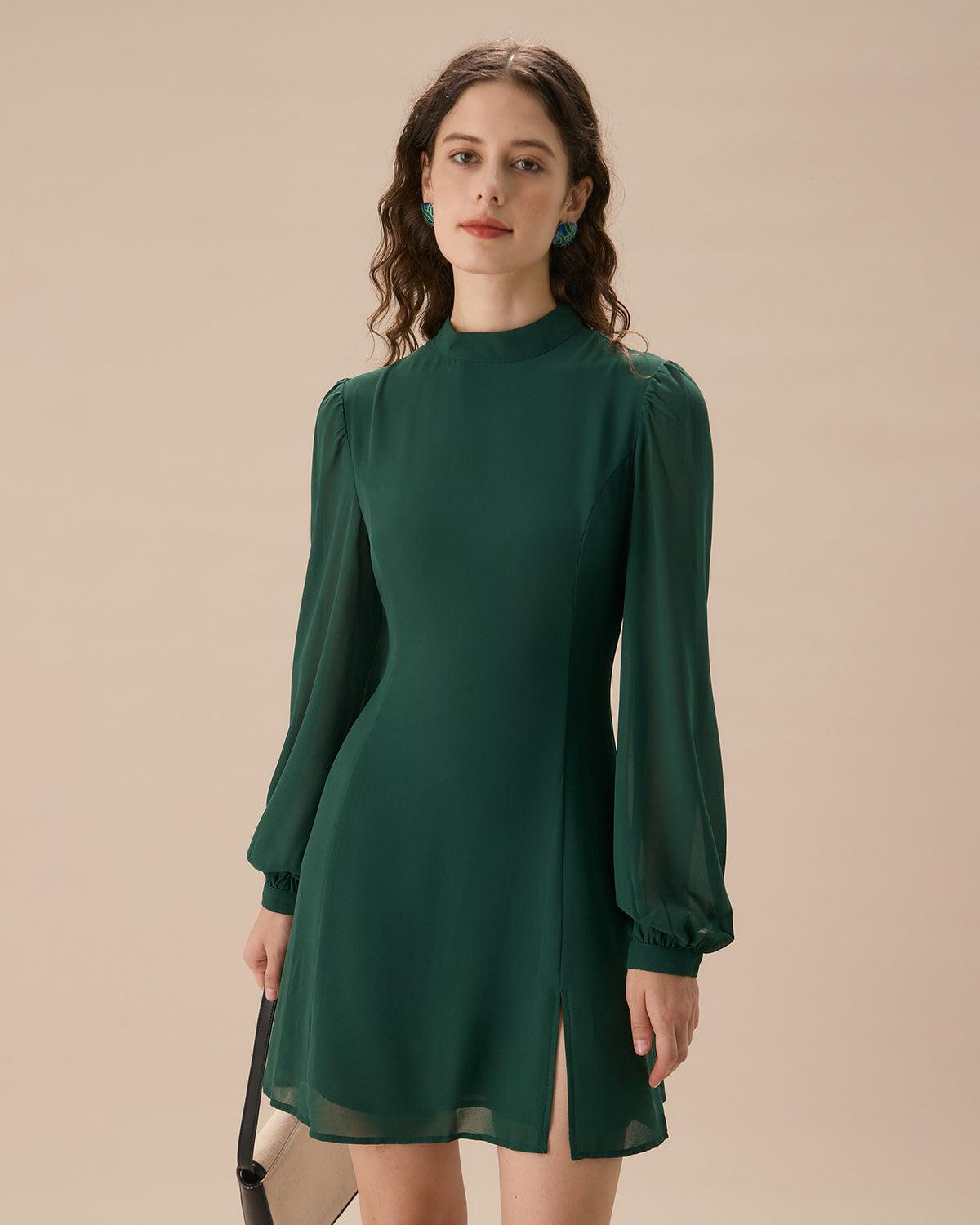 The Green Stand Collar Sheer Slit Mini Dress Product Image