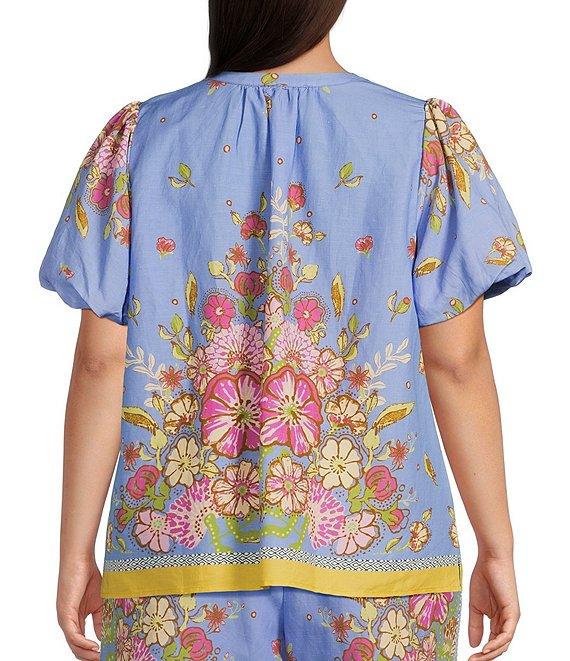 Skies Are Blue Plus Size Coordinating Short Sleeve Floral Border Blouse Product Image