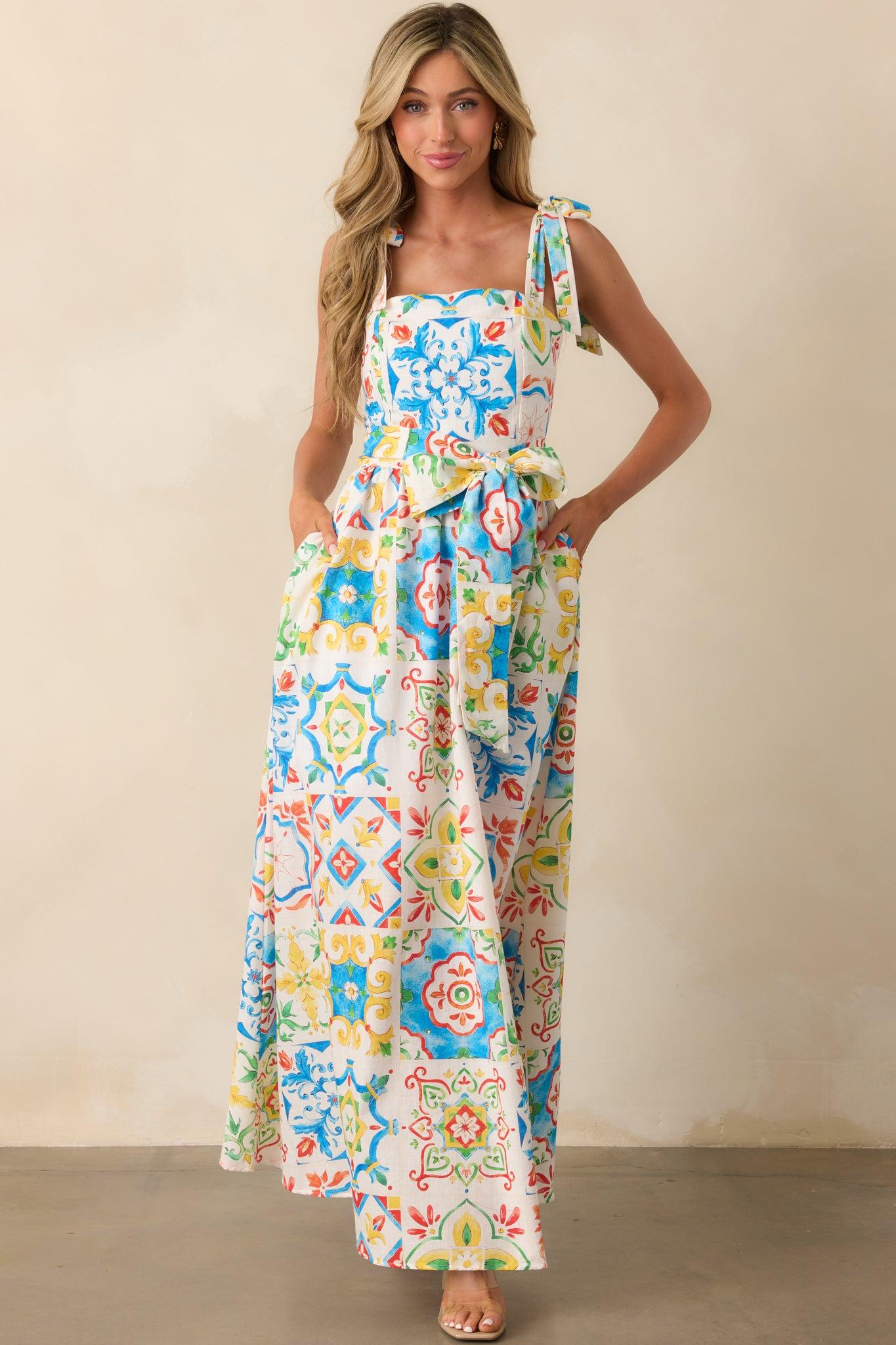 Prosperina Giovanna Blue Multi Sicilian Tile Print Linen Maxi Dress Product Image
