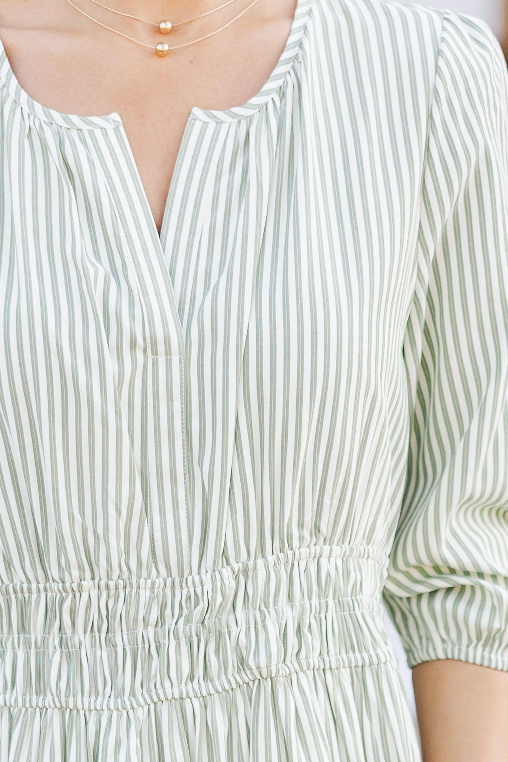 It's In The Air Olive Green Striped 3/4 Sleeve Midi Dress Female Product Image