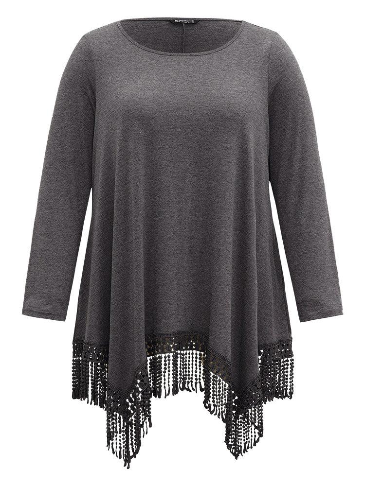 Solid Tassels Trim Pocket Asymmetrical Hem T-shirt Female Product Image