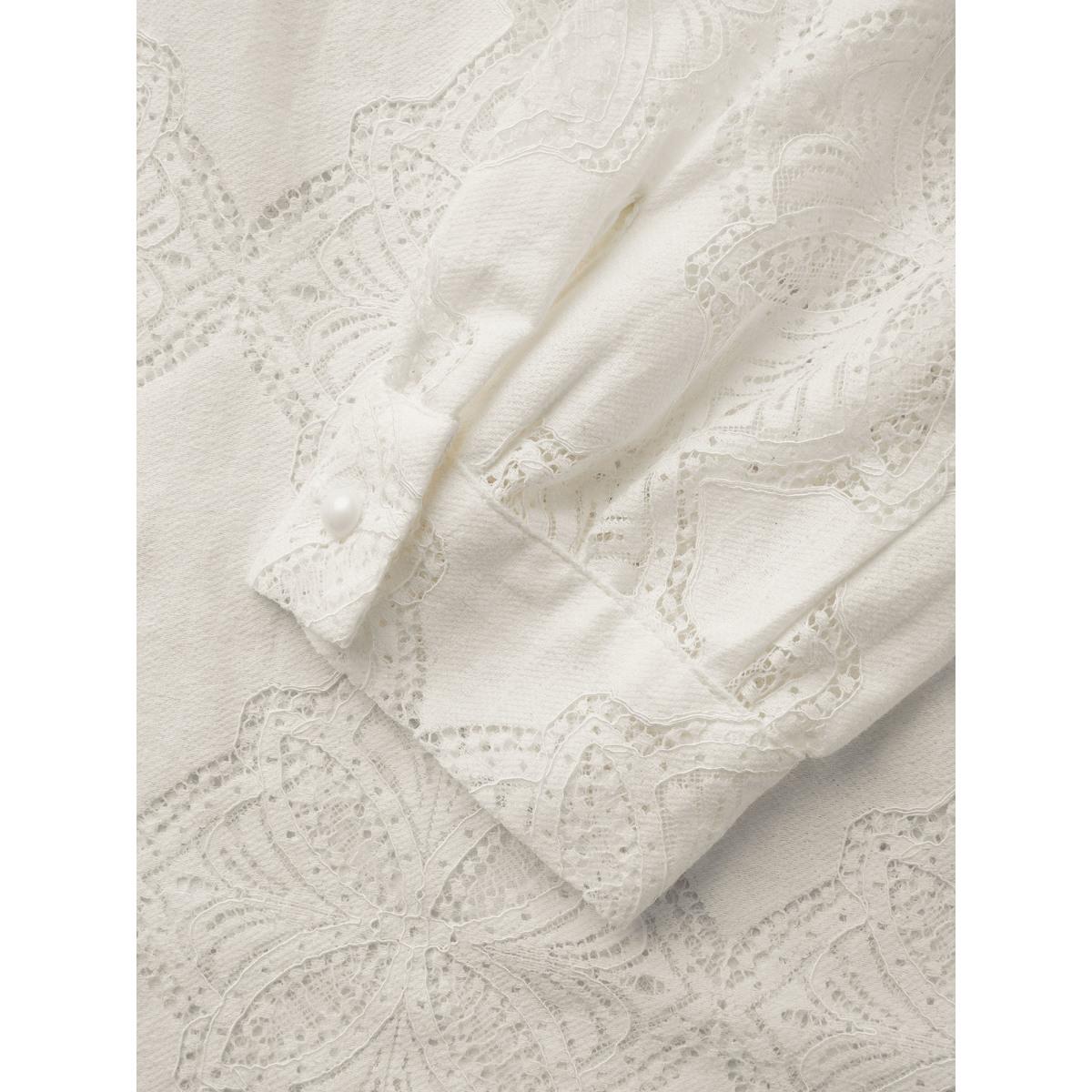 Plus Size Ivory Lace Panel Mesh Stand Collar Blouse Women Elegant Long Sleeve Stand-up collar Everyday Blouses BloomChic 14-16/1X Product Image