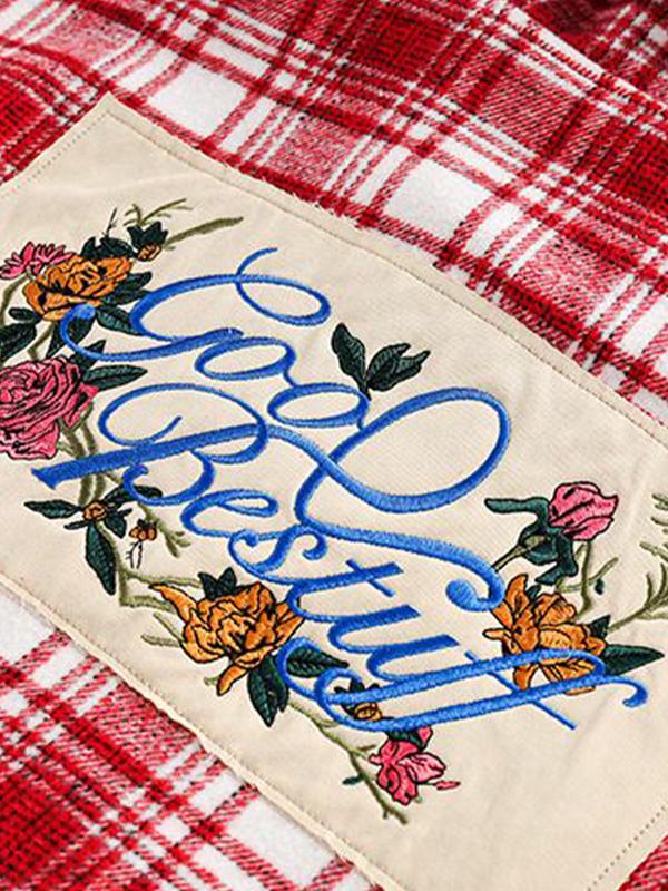 Men's Vintage Plaid Print Embroidery Long Sleeve Blouse Product Image