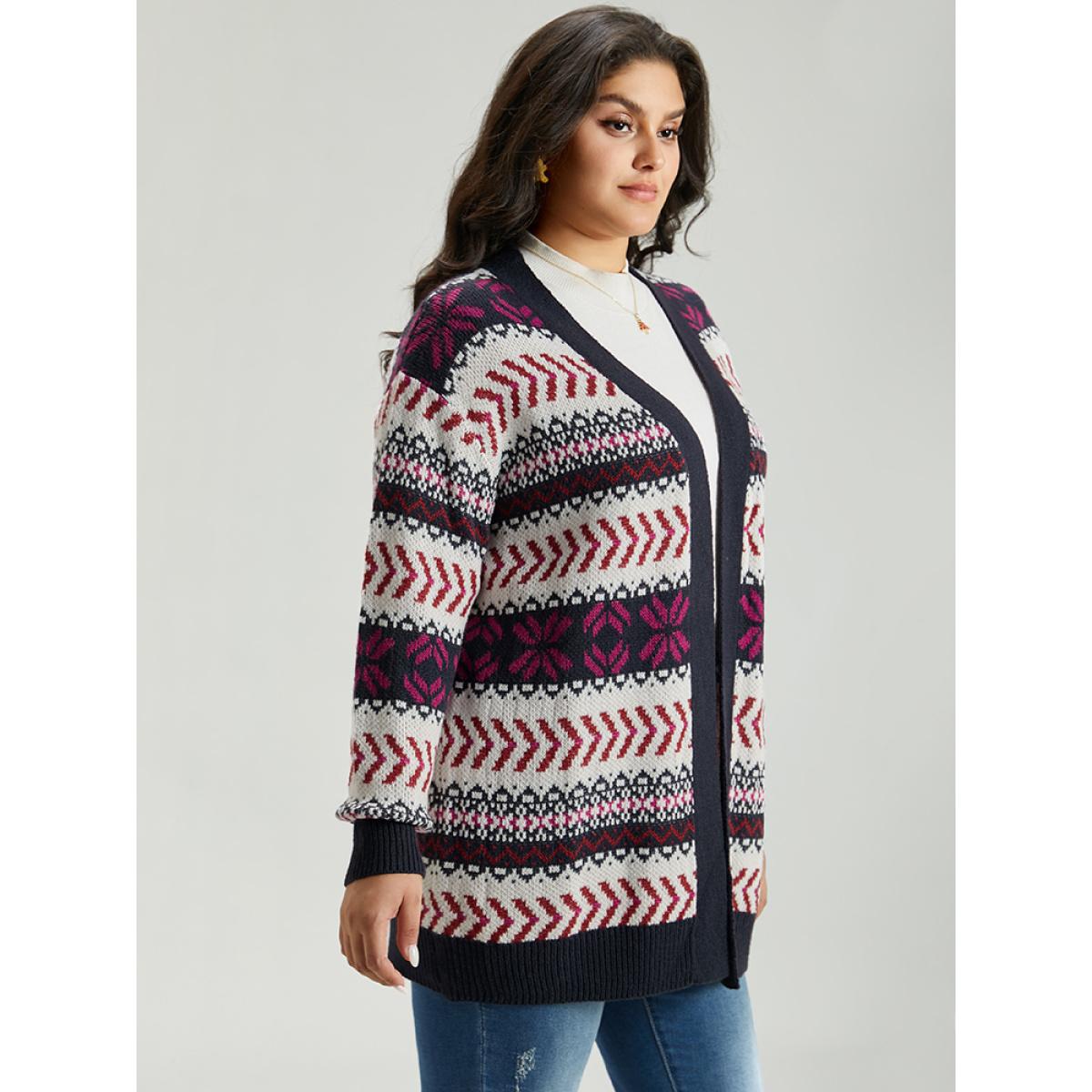 Plus Size Geo Print Open Front Patchwork Cardigan Multicolor Women Casual Loose Long Sleeve Festival-Christmas Cardigans BloomChic 14-16/1X Product Image