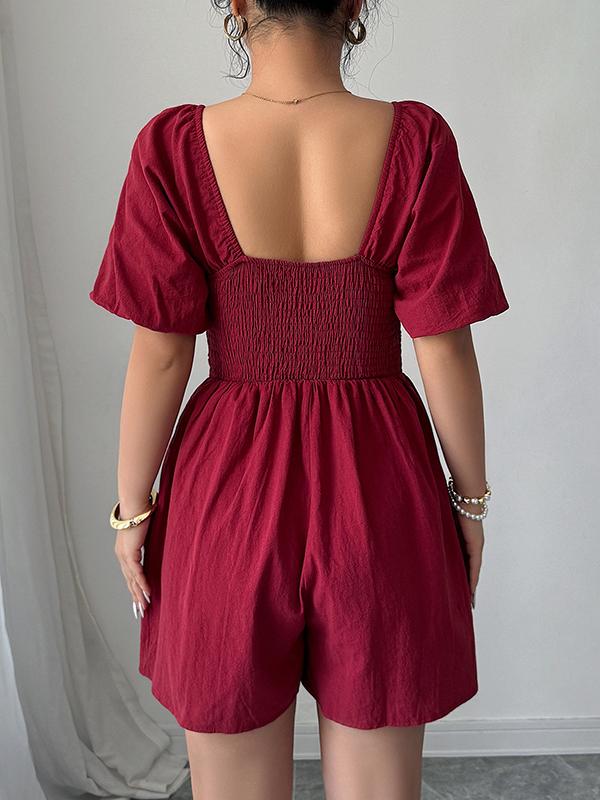 A-Line Half Sleeves Elasticity Pleated Solid Color Square-Neck Rompers Product Image