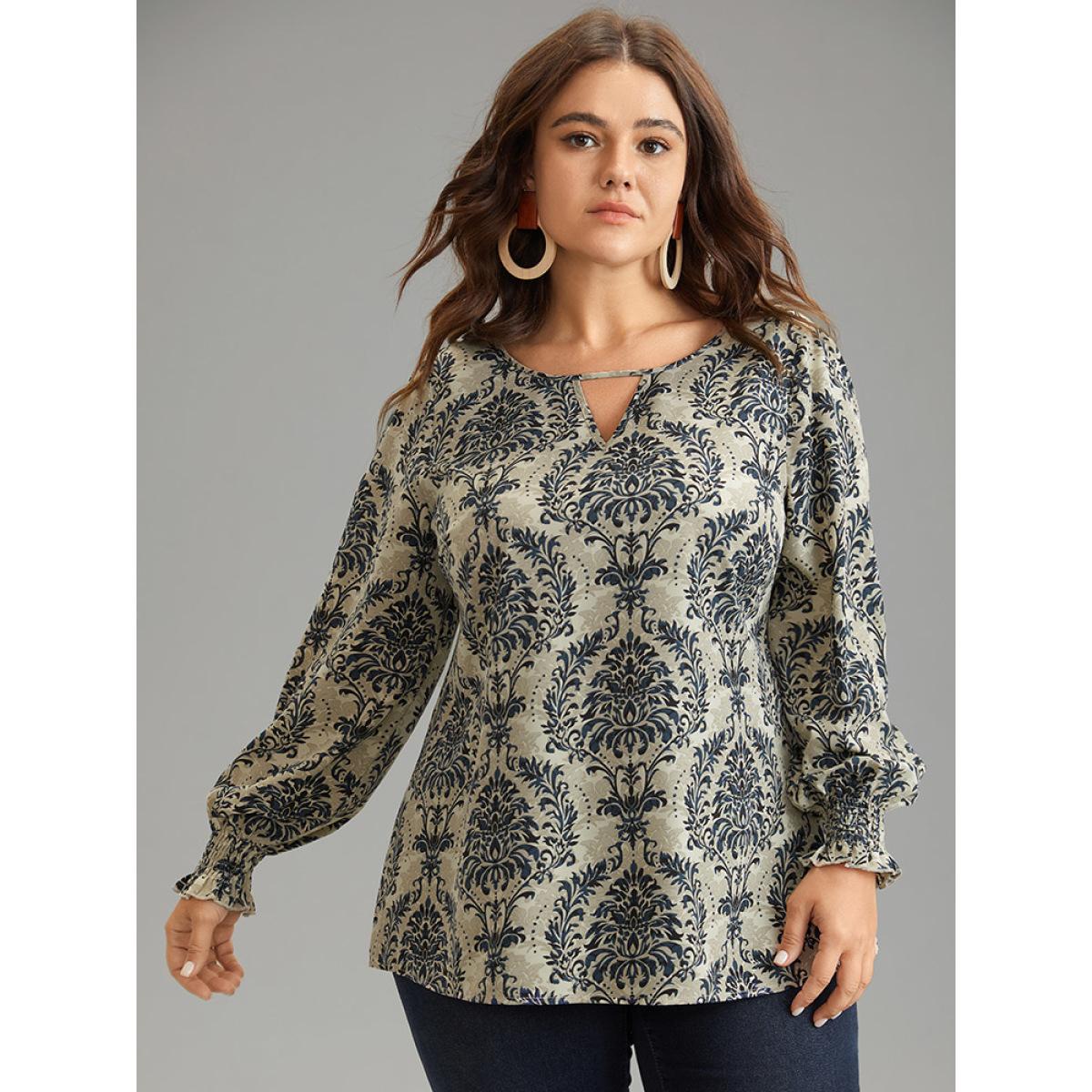 Plus Size Multicolor Bandana Print Keyhole Shirred Lantern Sleeve Blouse Women Vacation Long Sleeve Keyhole Cut-Out Vacation Blouses BloomChic 12/L Product Image