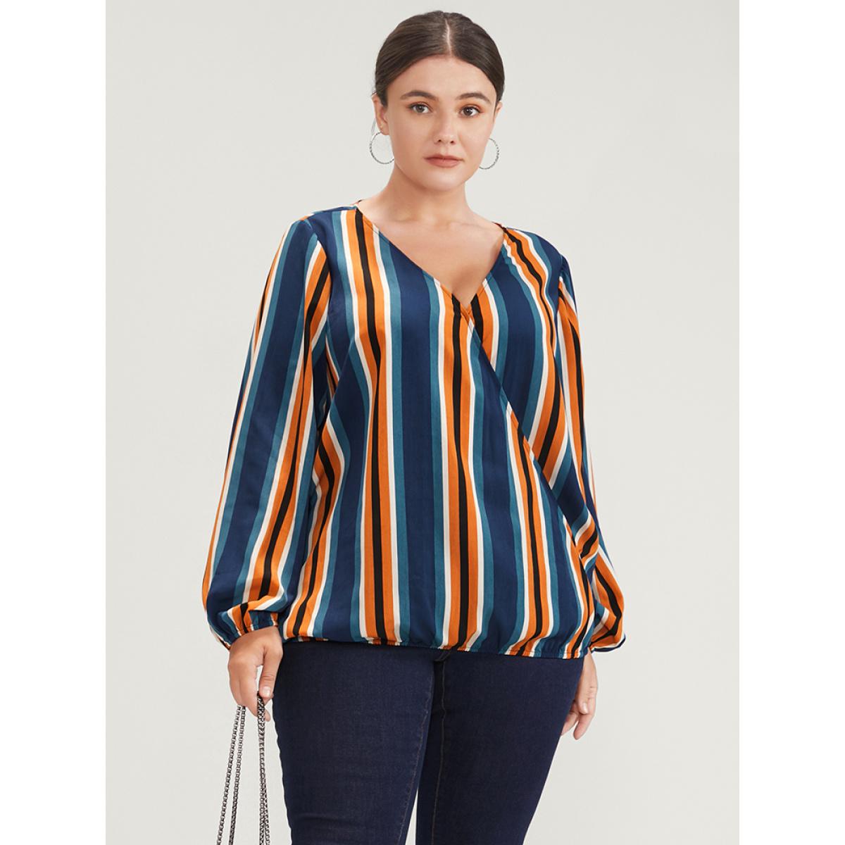 Plus Size Indigo Striped Lantern Sleeve Wrap Blouse Women Office Long Sleeve V-neck Office Blouses BloomChic 22-24/3X Product Image
