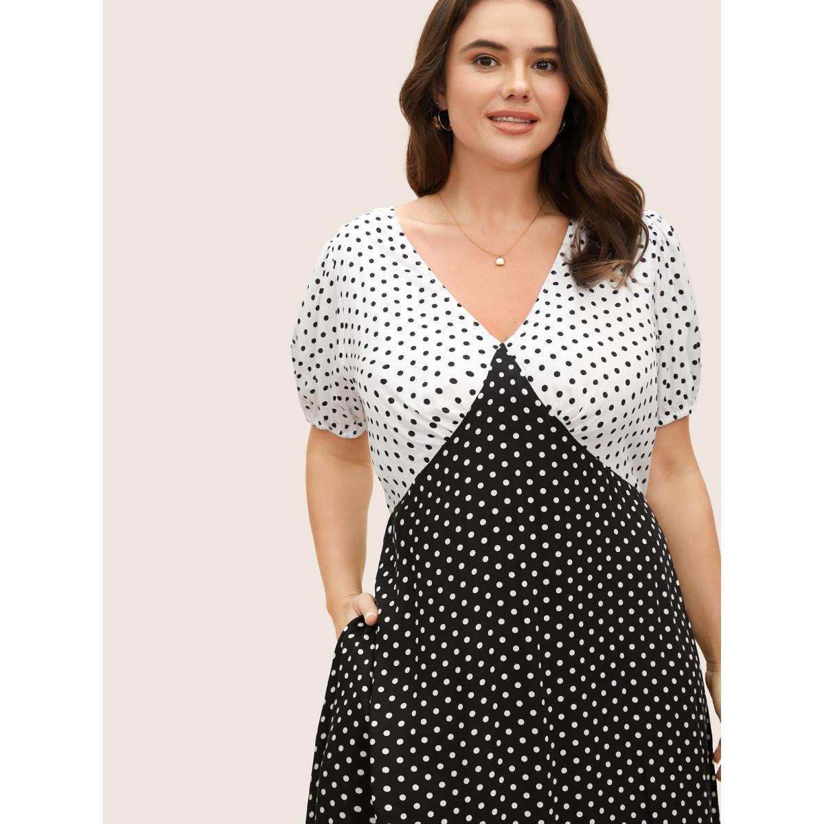 Plus Size Polka Dot Contrast Lantern Sleeve Midi Dress Black Women At the Office Contrast V-neck Short sleeve Curvy BloomChic 12/L Product Image