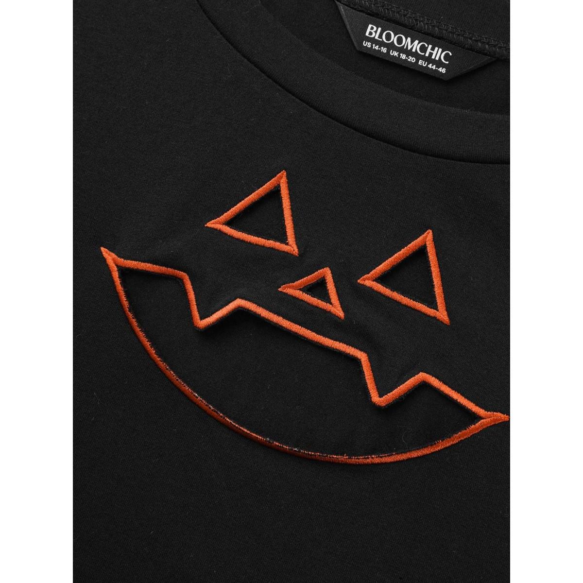 Plus Size Jack-O-Lantern Neck Hollow Embroidered T-shirt Black Women Playful Cut-Out Halloween Round Neck Casual T-shirts BloomChic 22-24/3X Product Image