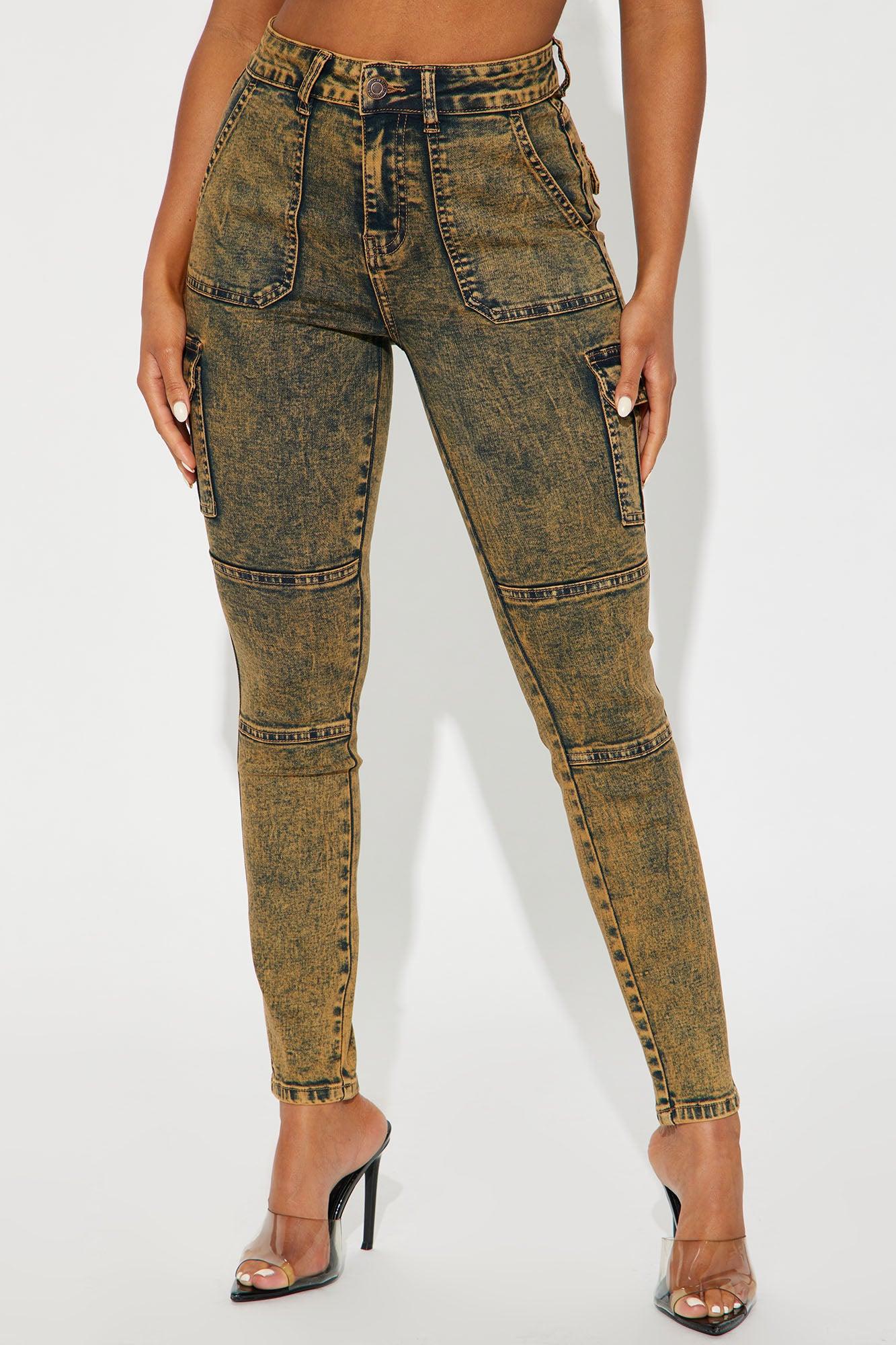 Jallisa Stretch Acid Wash Cargo Skinny Jeans - Orange Product Image