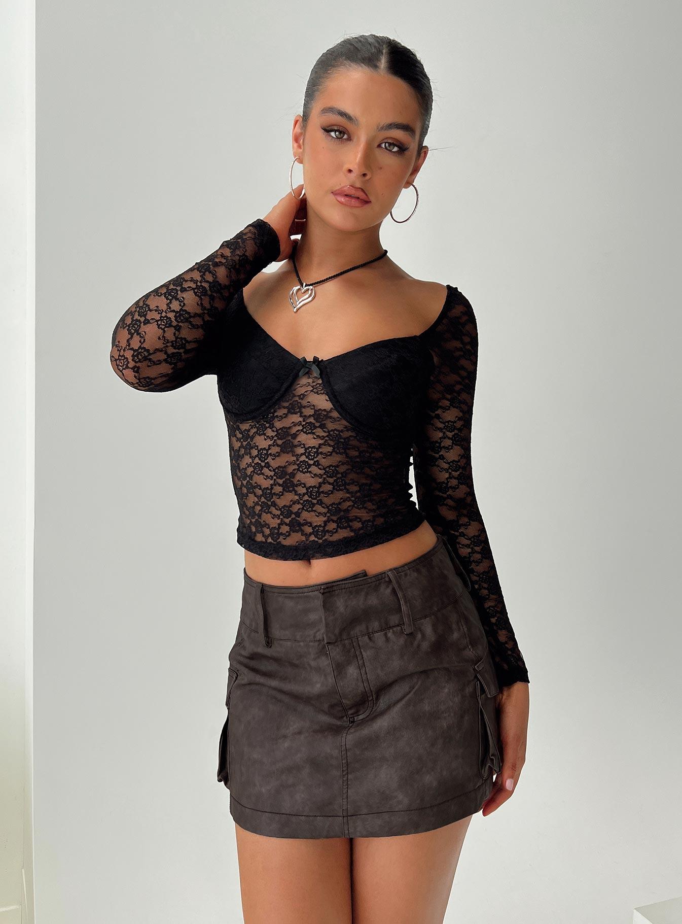 Domenic Faux Leather Mini Skirt Washed Black Product Image