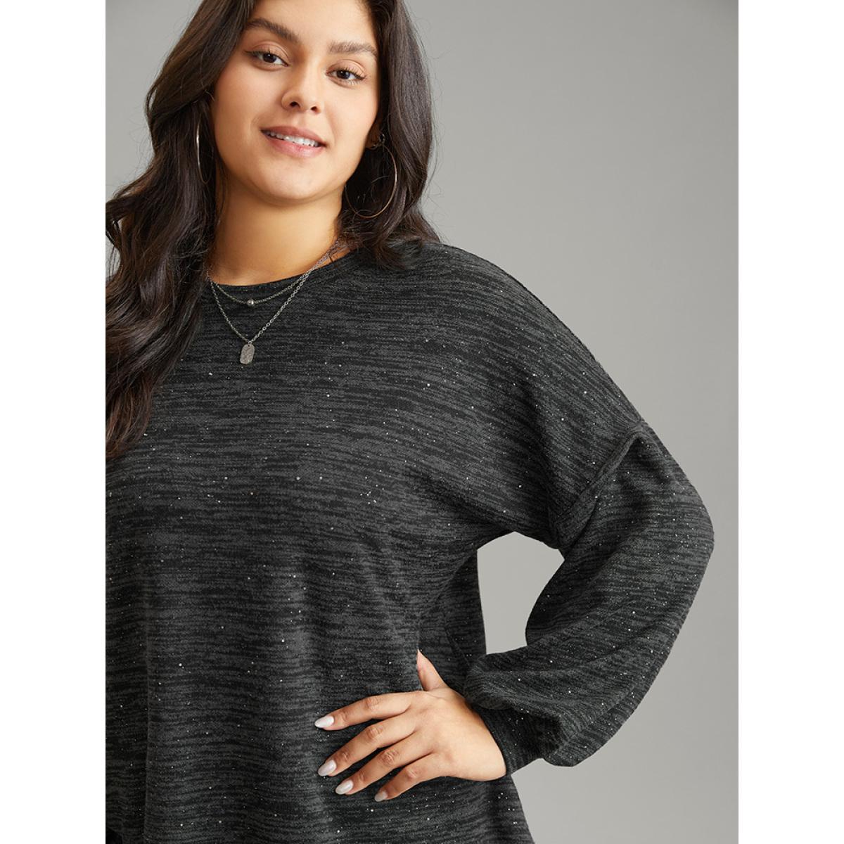 Plus Size Sequin Lantern Sleeve Drop Shoulder Sweatshirt Women DimGray Casual Sequin Round Neck Dailywear Sweatshirts BloomChic 10/M Product Image