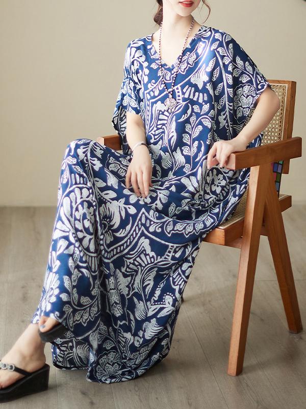 Loose Short Sleeves Printed V-Neck Maxi Dresses Product Image