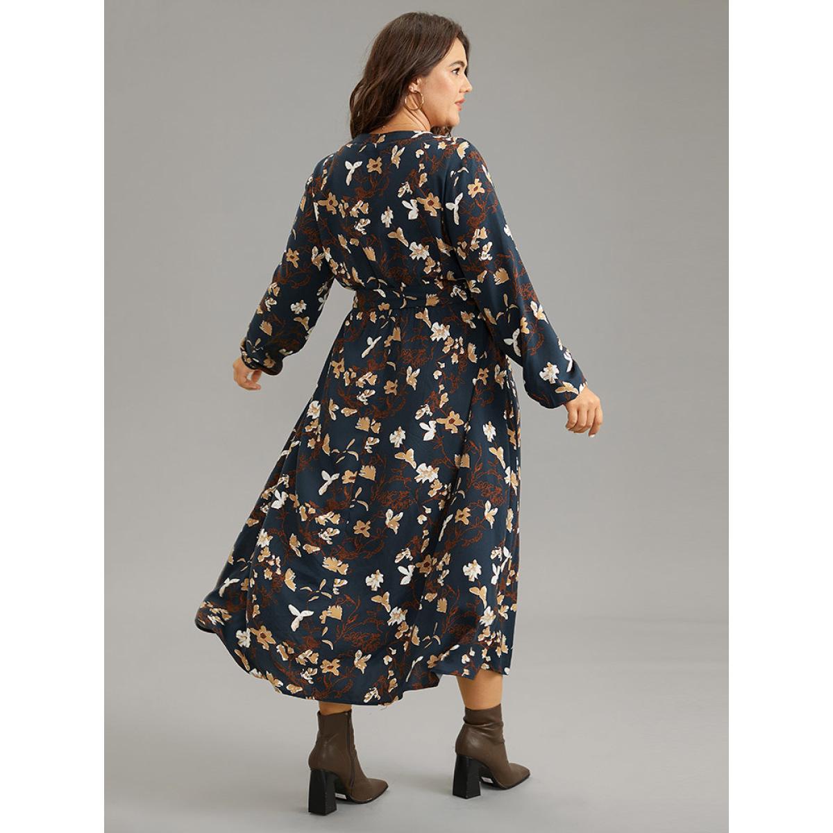 Plus Size Floral Print Notched Belted Lantern Sleeve Dress DarkBlue Women Elegant Elastic cuffs Notched collar Long Sleeve Curvy Midi Dress BloomChic 30/6X Product Image