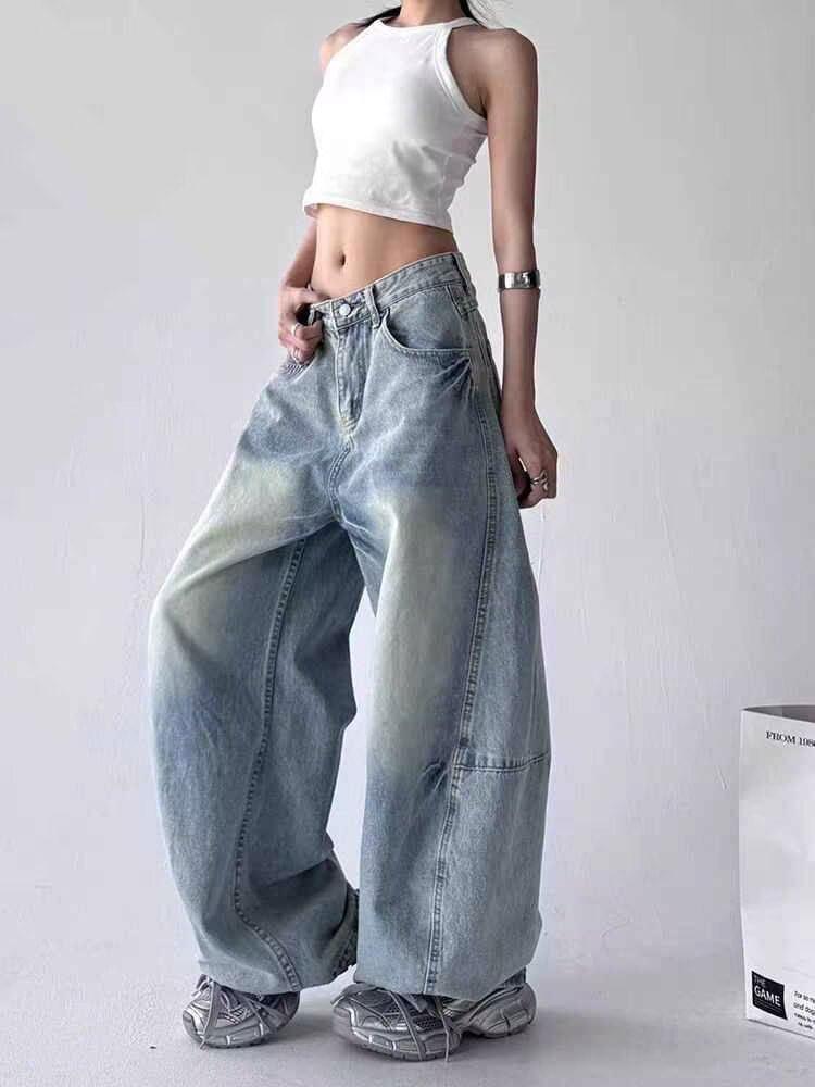 Mid Rise Washed Barrel Baggy Jeans Product Image