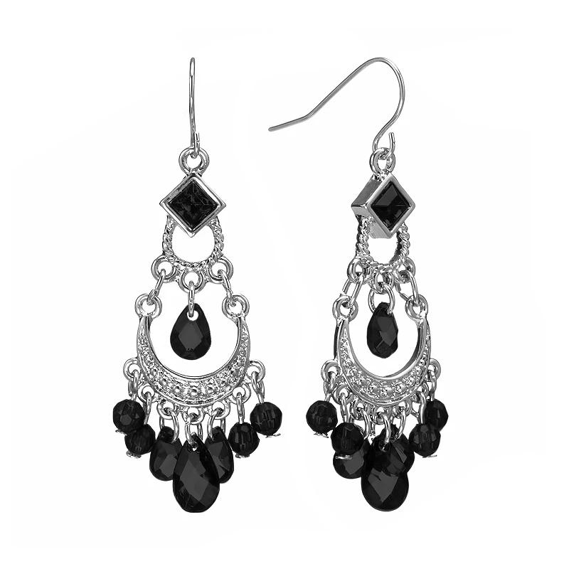 1928 Silver Tone Bead Chandelier Earrings, Women's, Black Product Image