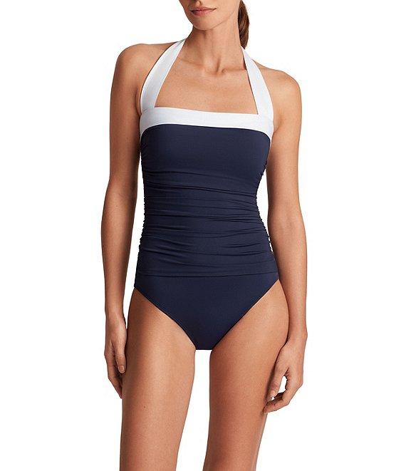 Lauren Ralph Lauren Bel Aire Shirred Contrast Trim Bandeau One Piece Swimsuit Product Image