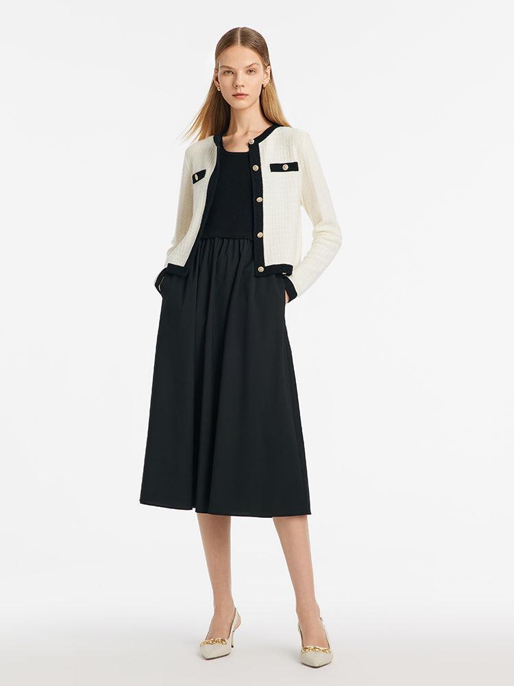 Contrast Trim Cardigan And Vest Dress Two-Piece Set Product Image