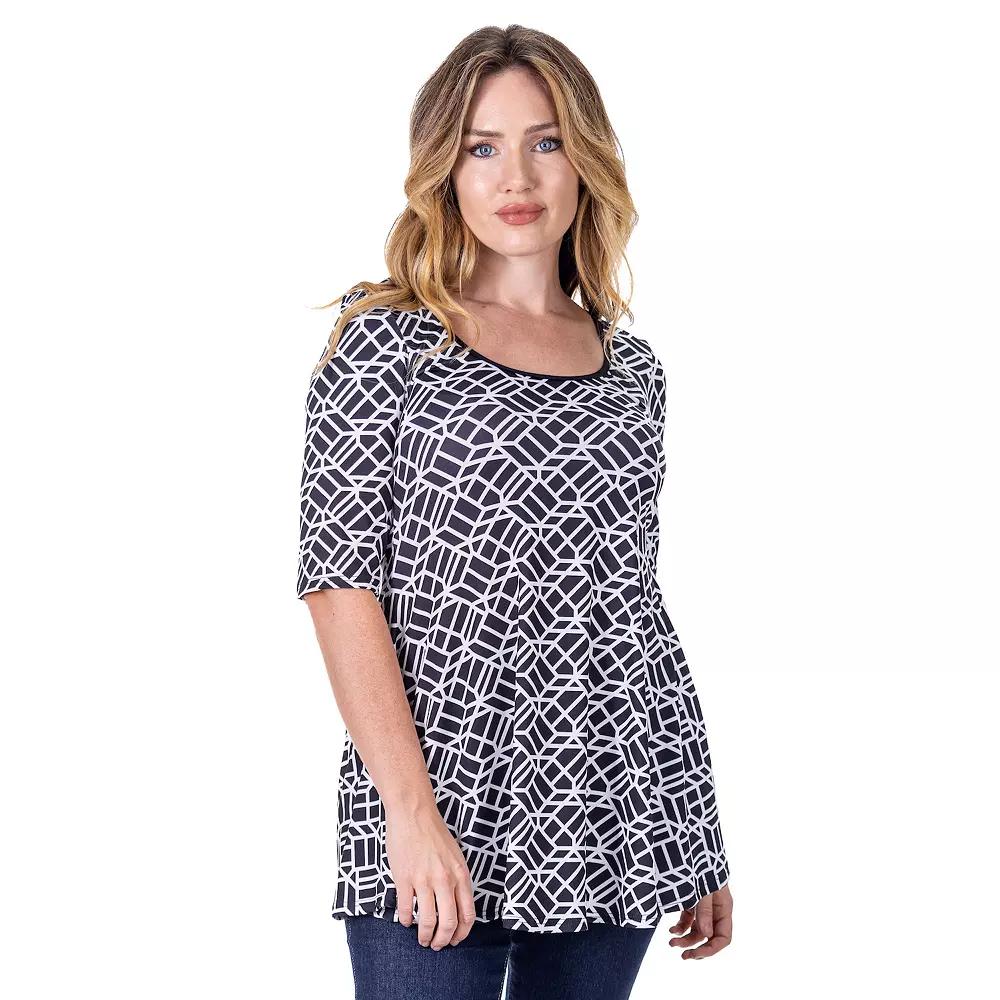 Women's 24Seven Comfort Apparel Black Geometric Print Elbow Sleeve Tunic Top, Size: Medium, Black Team Product Image