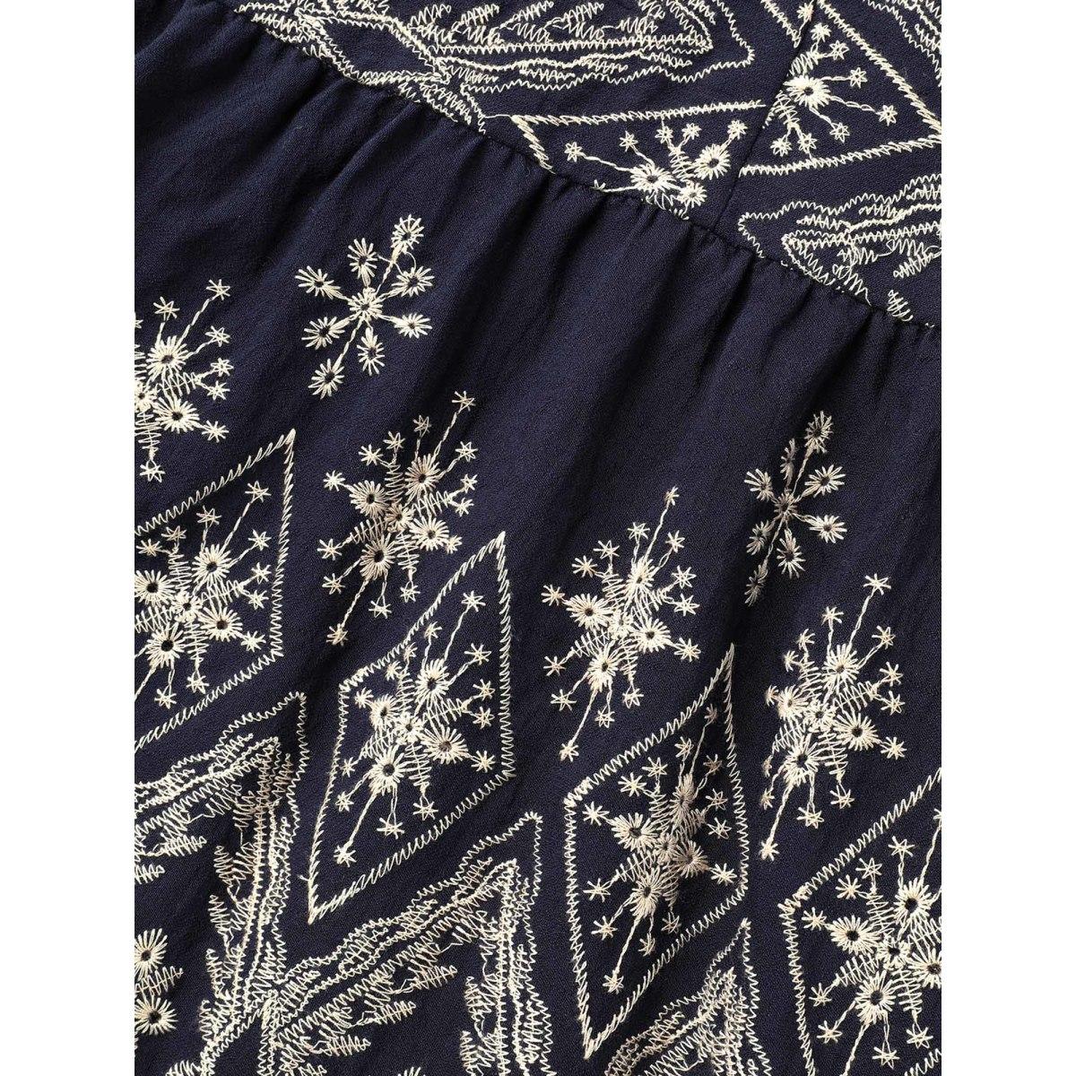 Plus Size Indigo Boho Embroidered Pleated V-Neck Blouse Women Resort Elbow-length sleeve V-neck Vacation Blouses BloomChic 14-16/1X Product Image