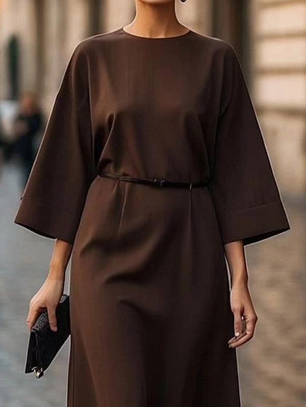 Loose Three-Quarter Sleeves Pleated Solid Color Split-Joint Round-Neck Midi Dresses Product Image