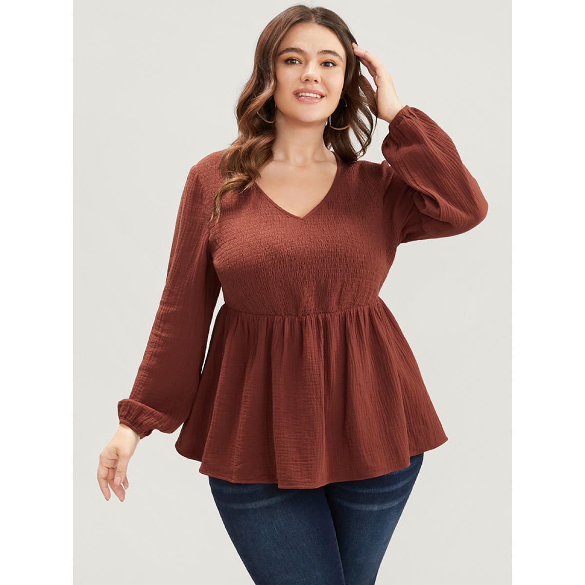 Plus Size Scarlet Solid V Neck Lantern Sleeve Shirred Ruffle Hem Blouse Women Elegant Long Sleeve V-neck Dailywear Blouses BloomChic 12/L Product Image